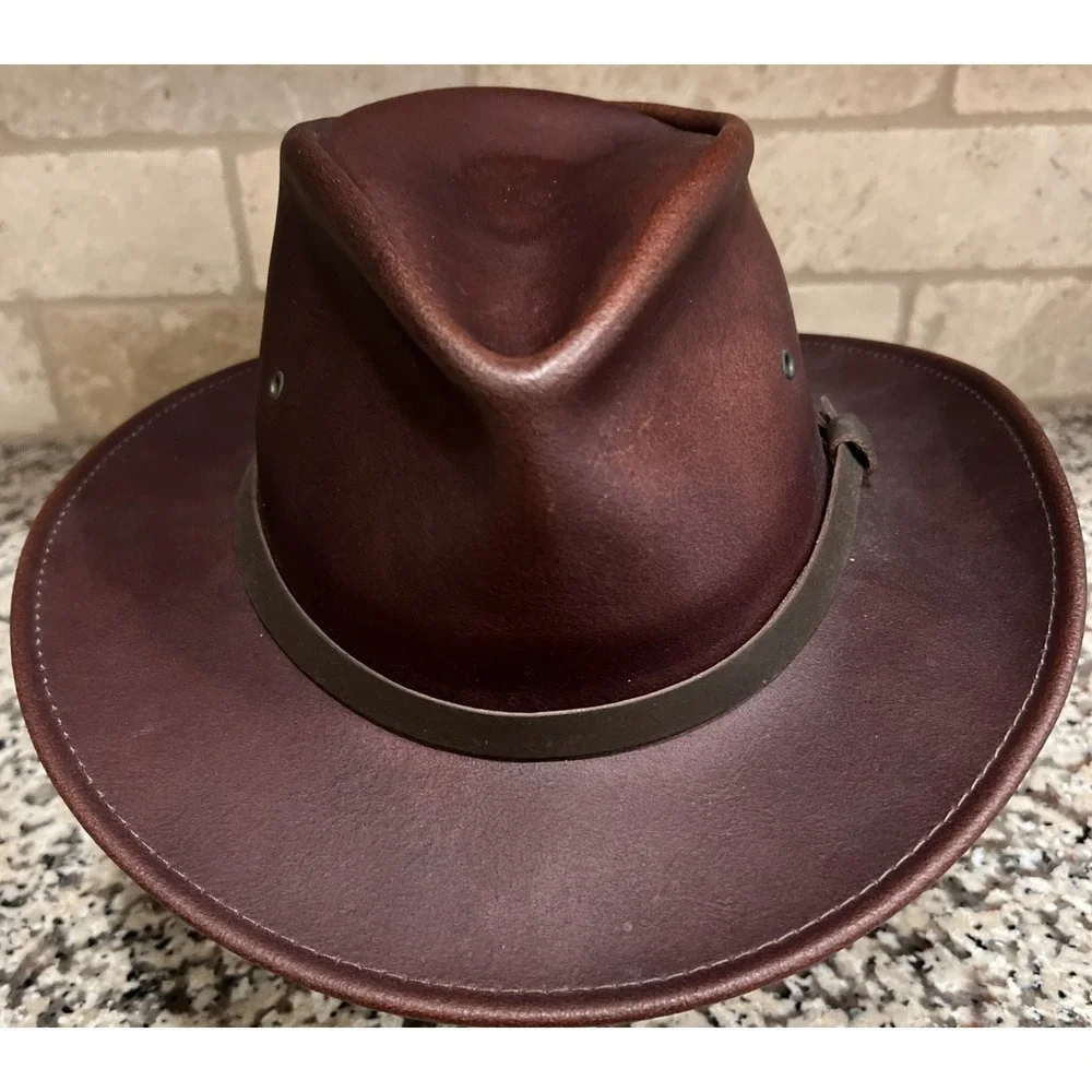 Henschel Osage Brown Cowhide Leather Safari Hat Mens Size Medium Indian Jones